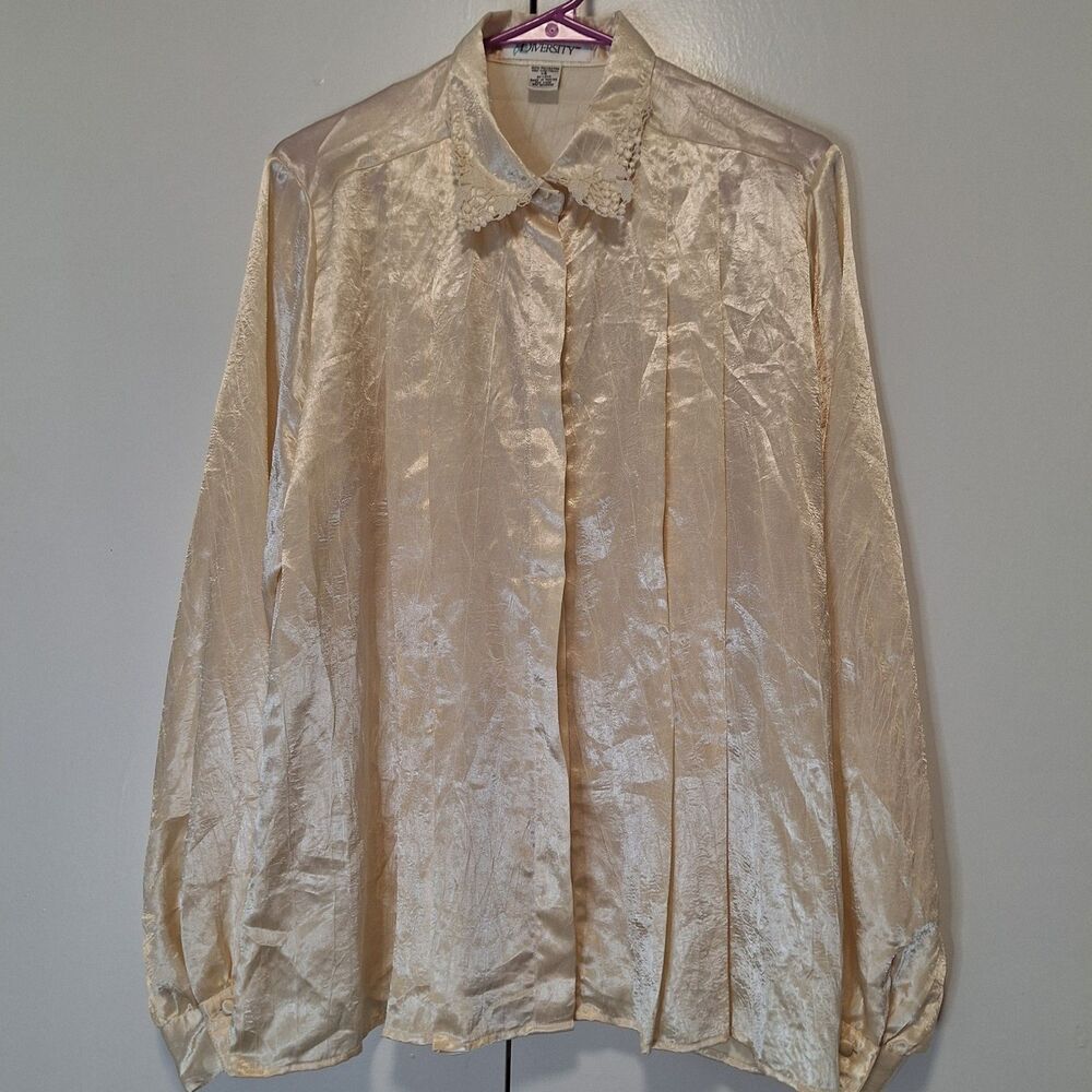 Vtg Diversity Sz 14 Ivory Satin Pleated Lace Collar Shirt Edwardian Secretary